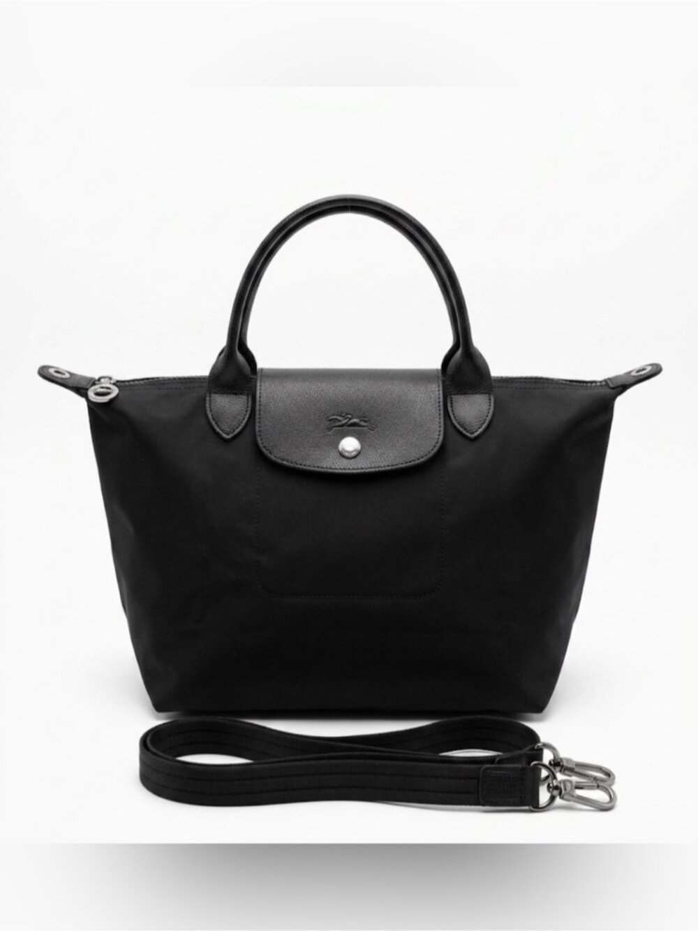 Longchamp Le Pliage Black Nylon Large Tote Leather Handles Crossbody Strap